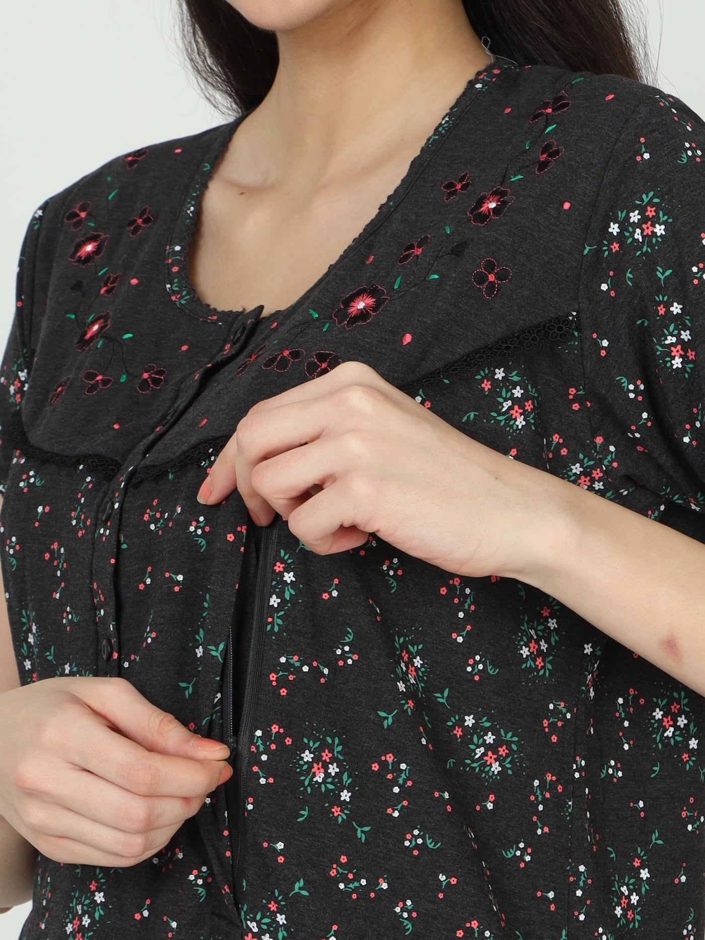 Cotton Blend Maternity Feeding Nighty Black