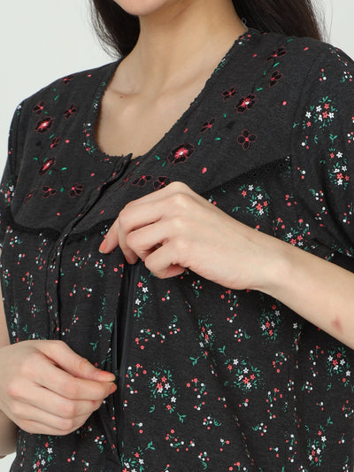 Cotton Blend Maternity Feeding Nighty Black