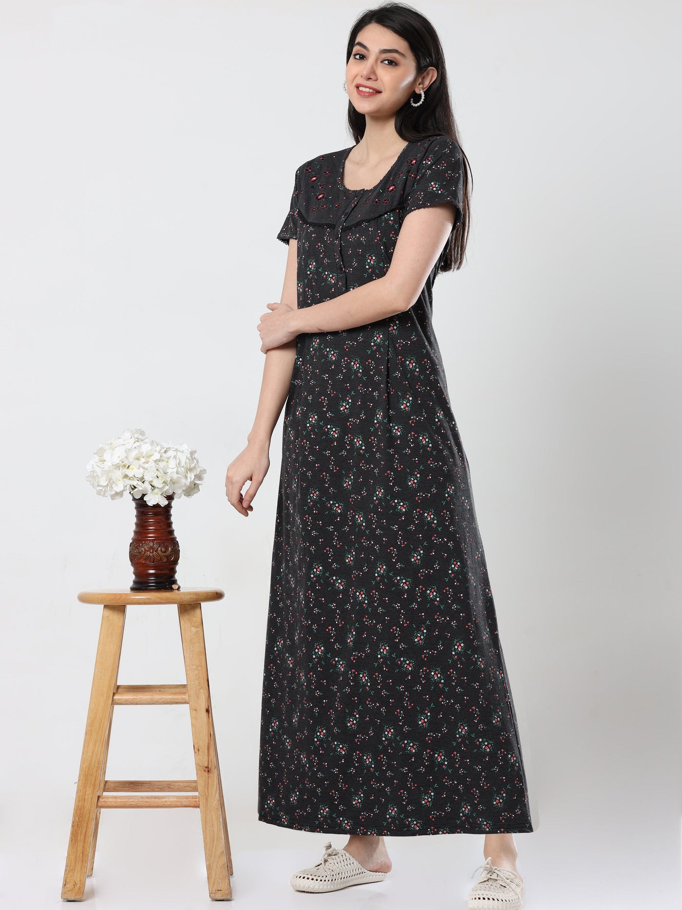 Cotton Blend Maternity Feeding Nighty Black