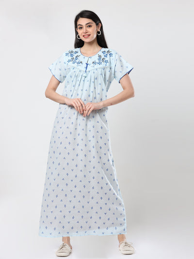 Grey Blue Flower Cotton Designer Nighty