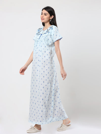 Grey Blue Flower Cotton Designer Nighty