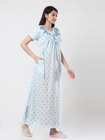 Grey Blue Flower Cotton Designer Nighty