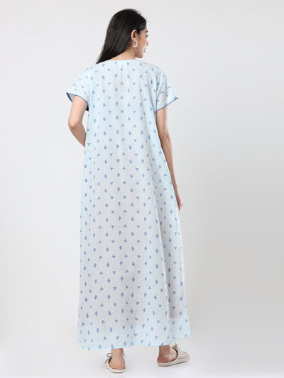 Grey Blue Flower Cotton Designer Nighty