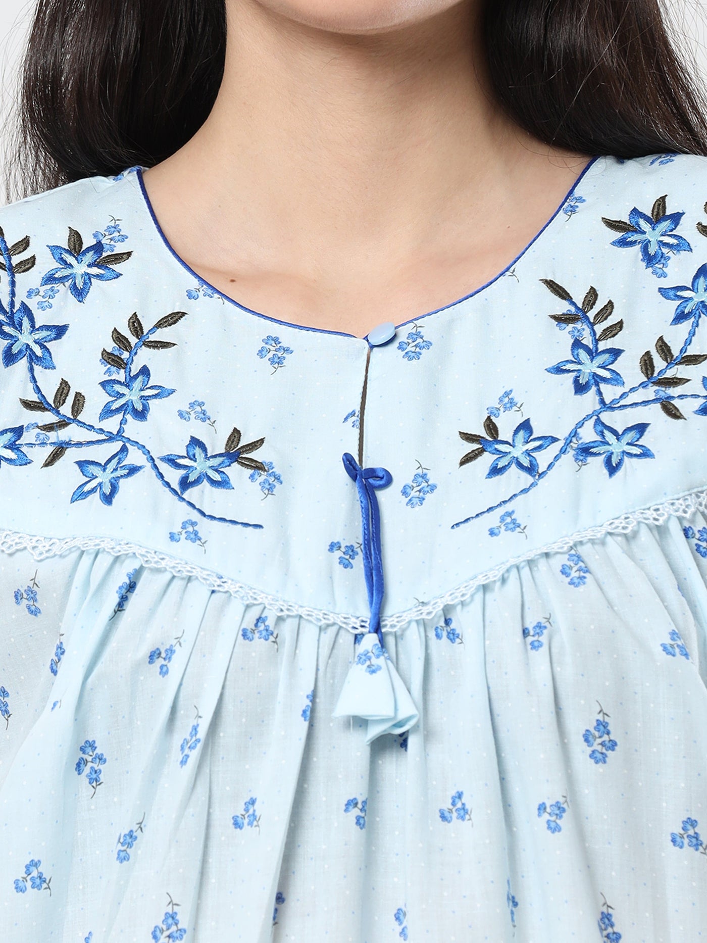 Grey Blue Flower Cotton Designer Nighty