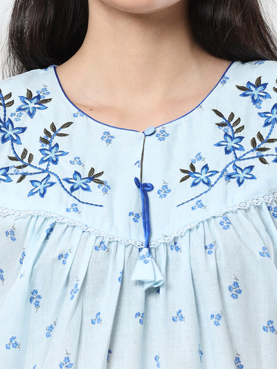 Grey Blue Flower Cotton Designer Nighty