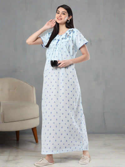 Grey Blue Flower Cotton Designer Nighty