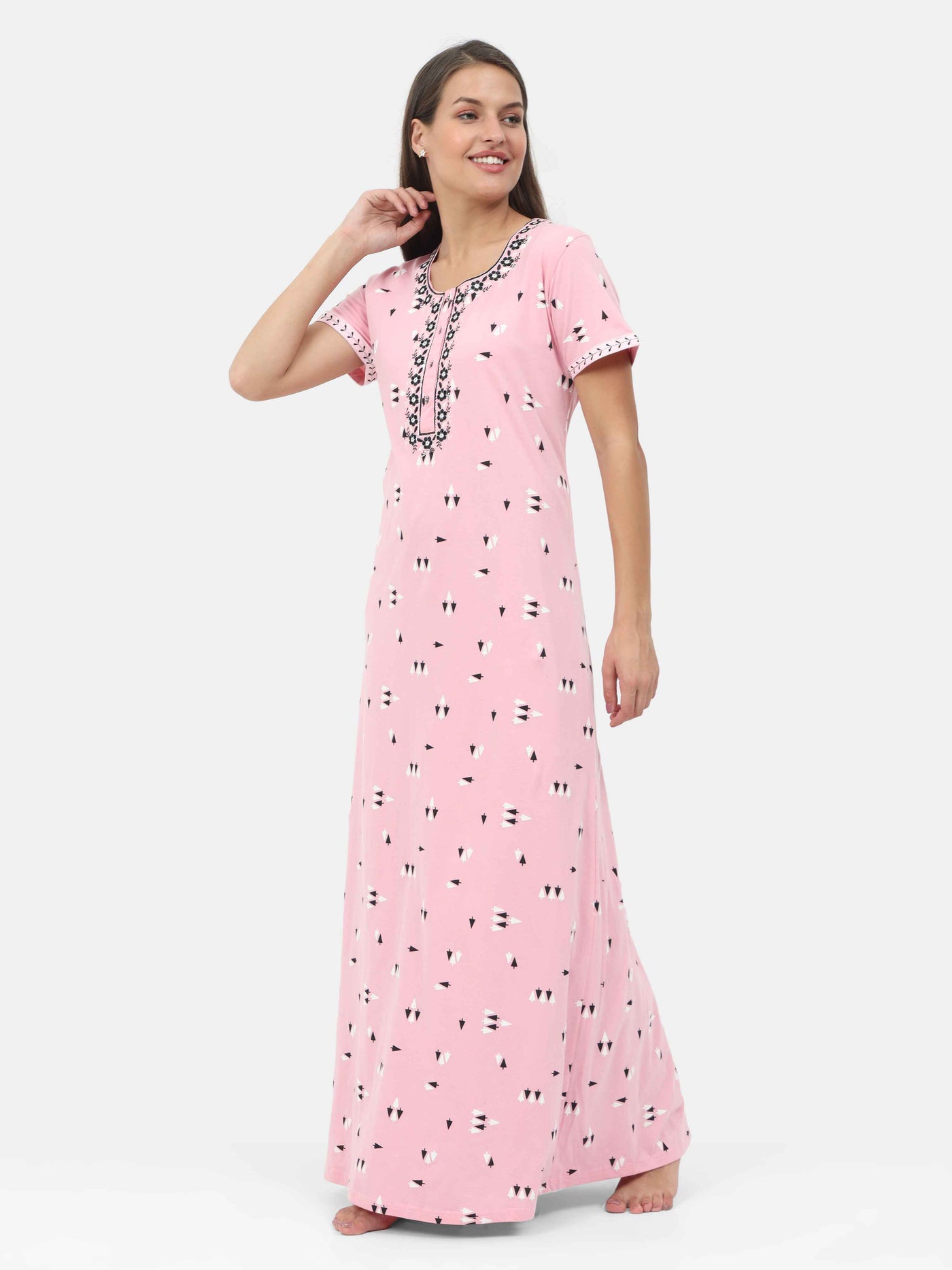 Pink Cotton Blend Designer Nighty 