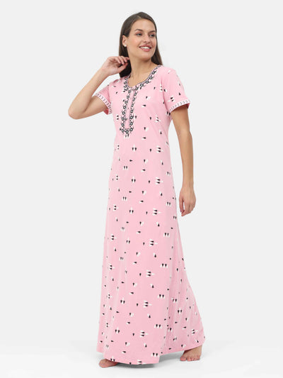 Pink Cotton Blend Designer Nighty 