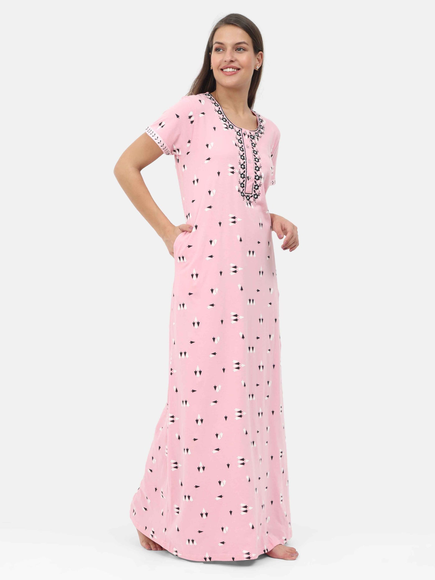 Pink Cotton Blend Designer Nighty 