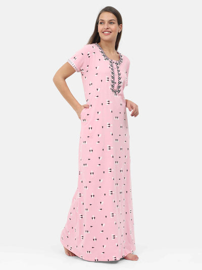 Pink Cotton Blend Designer Nighty 