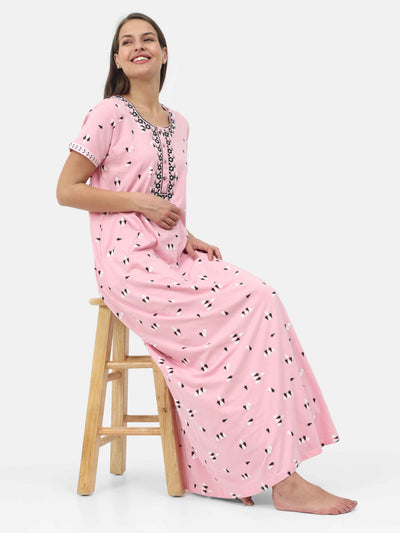 Pink Cotton Blend Designer Nighty 