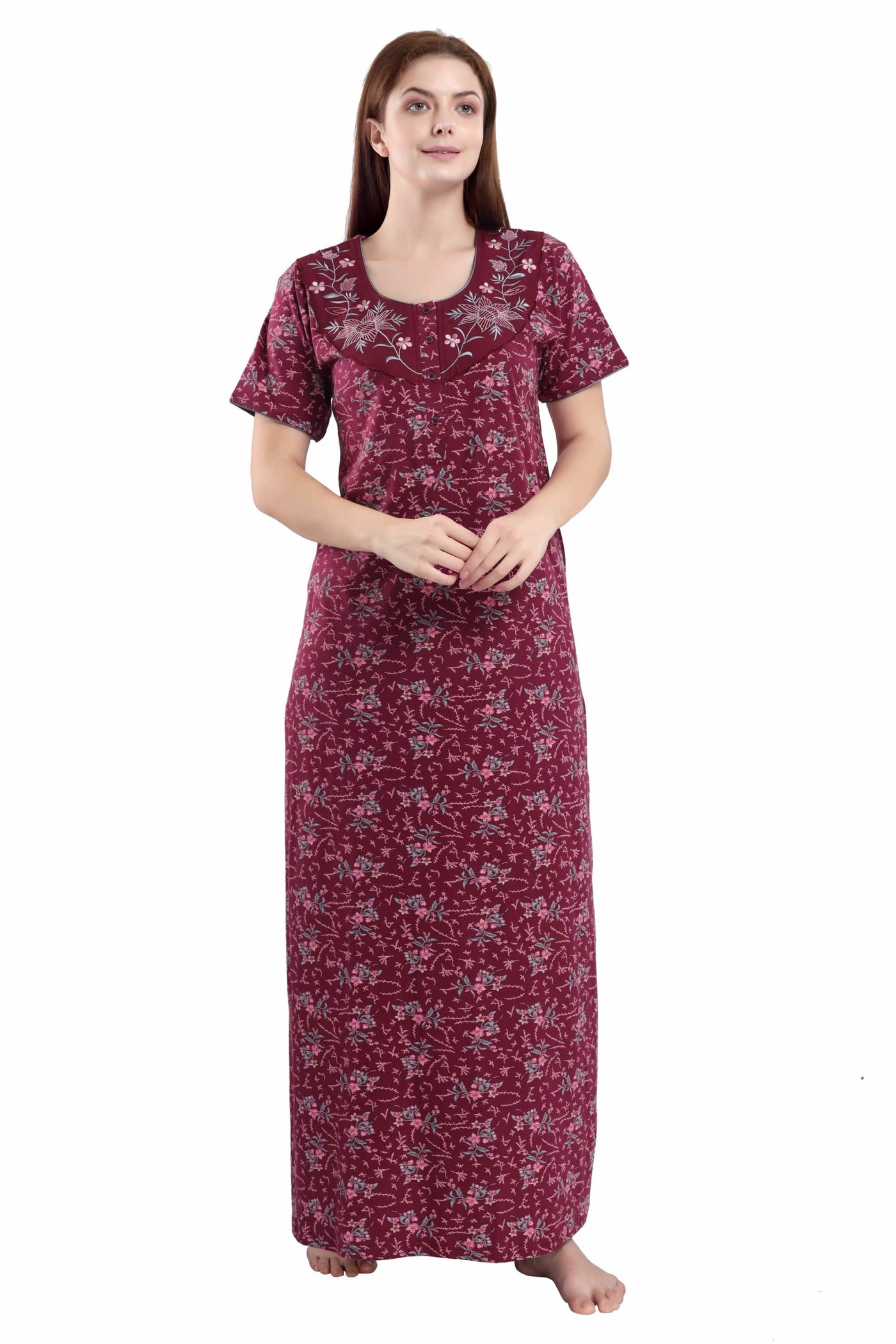 A fair coloured Female Model wearing Maroon Red Hosiery Multipurpose Cotton Long Maxi Nighty
