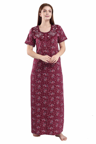 A fair coloured Female Model wearing Maroon Red Hosiery Multipurpose Cotton Long Maxi Nighty