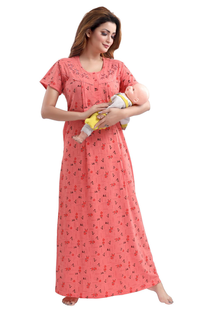 Maternity Long Nighty  Cotton Blend Maternity Feeding Nighty | Peach- 9shines label 