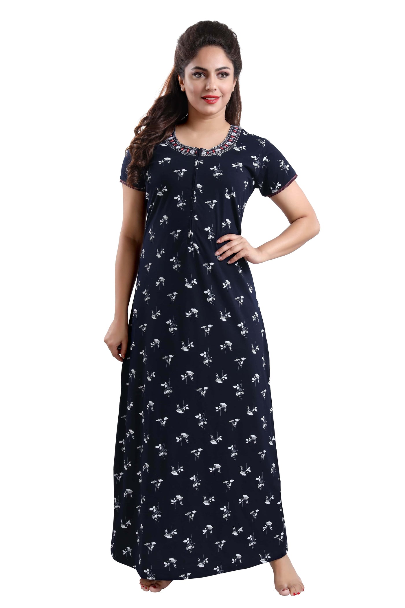 Hosiery Cotton Maternity Feeding Nighty Black & Silver