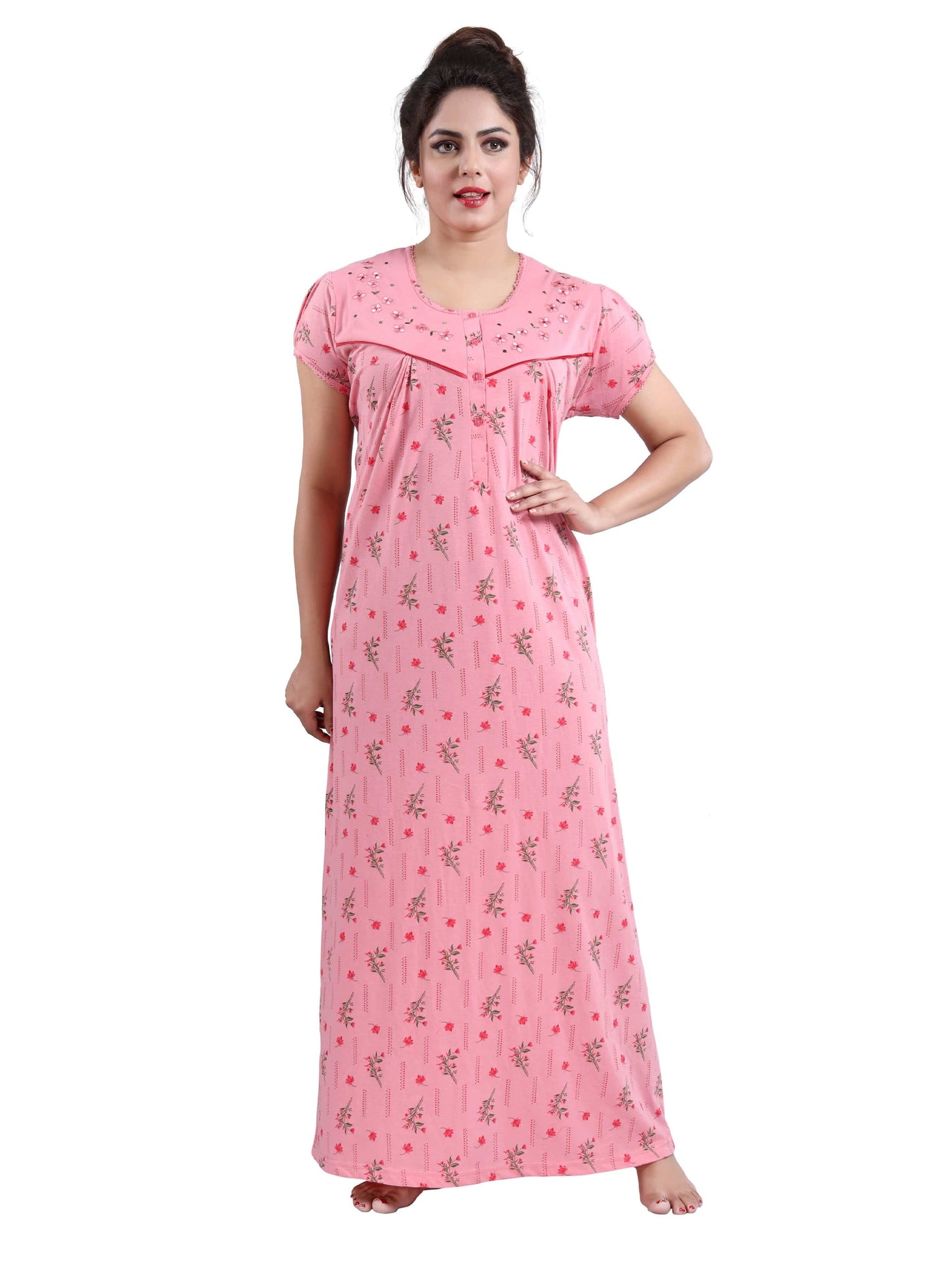 Brick Pink Cotton Blend Designer Nighty 