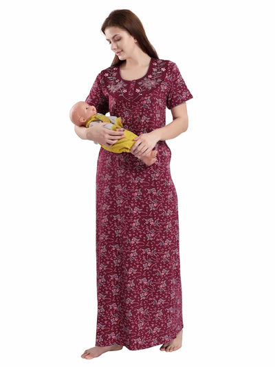 Hosiery Cotton Maternity Feeding Nighty  Maroon