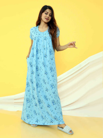 Blue Cotton Blend Designer Nighty