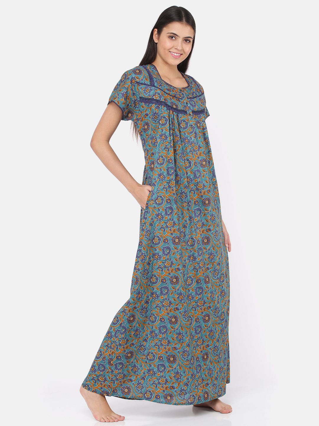  Sea Blue Cotton Designer Nighty 
