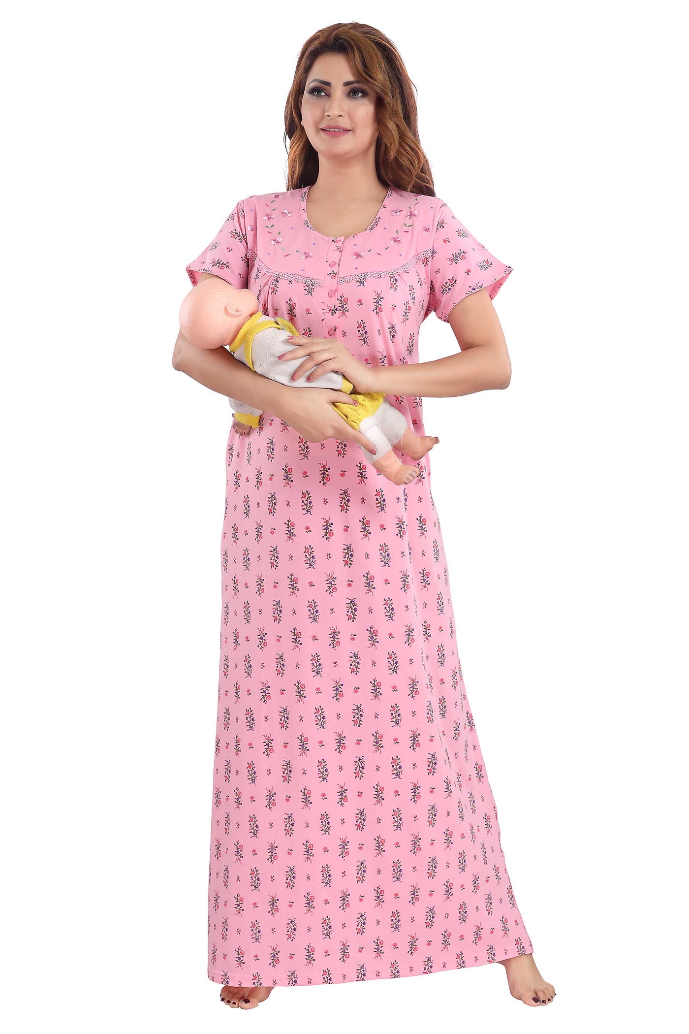 Pink Cotton Blend Designer Nighty