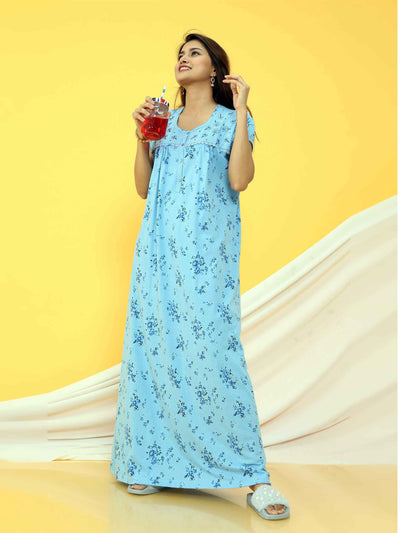 Blue Cotton Blend Designer Nighty