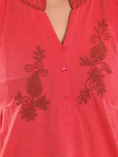 Red Cotton Blend Designer Nighty 