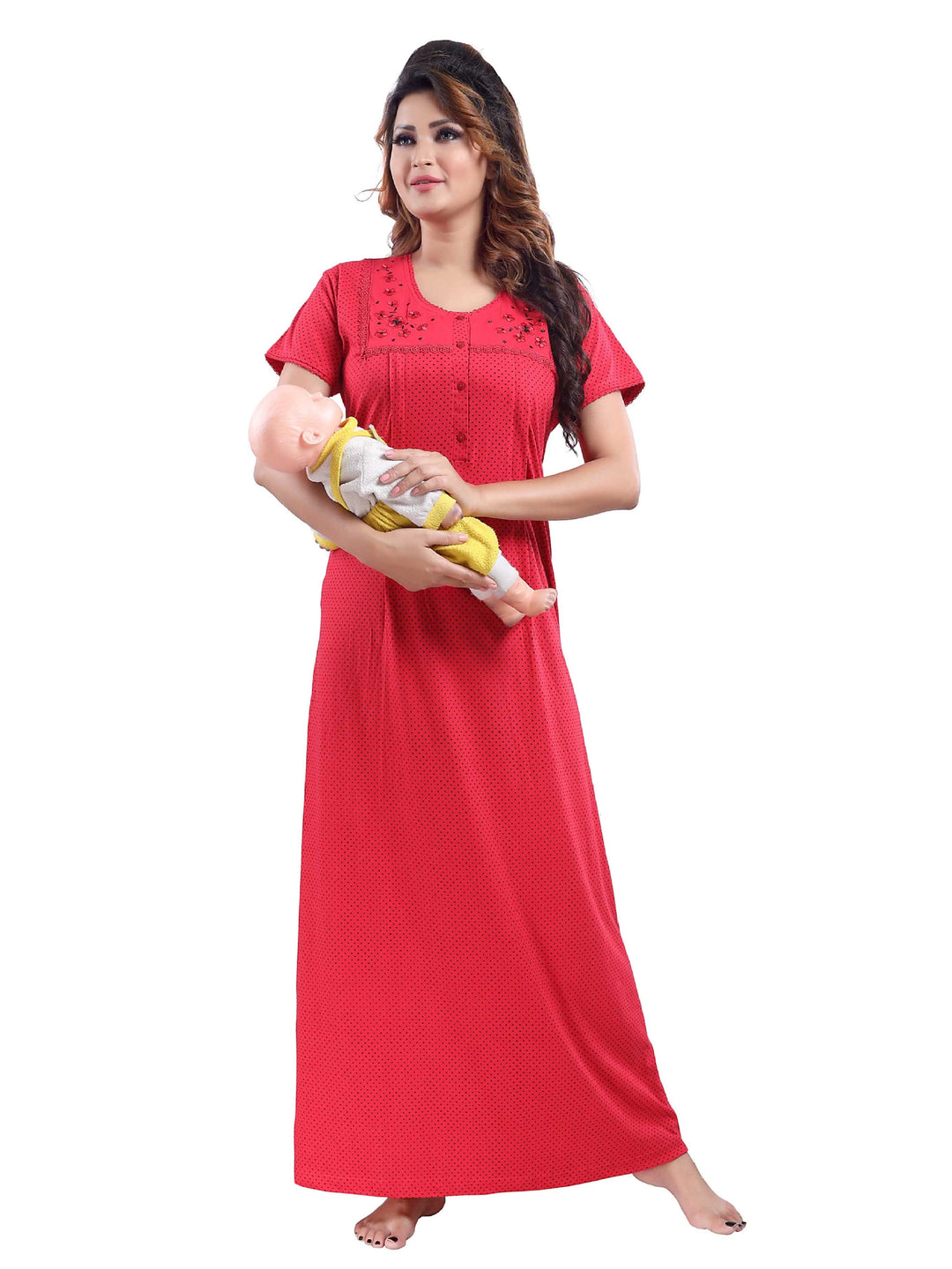  Maternity Long Nighty  Apple Red Cotton Blend Maternity Feeding Nighty | Red Nighty- 9shines label 