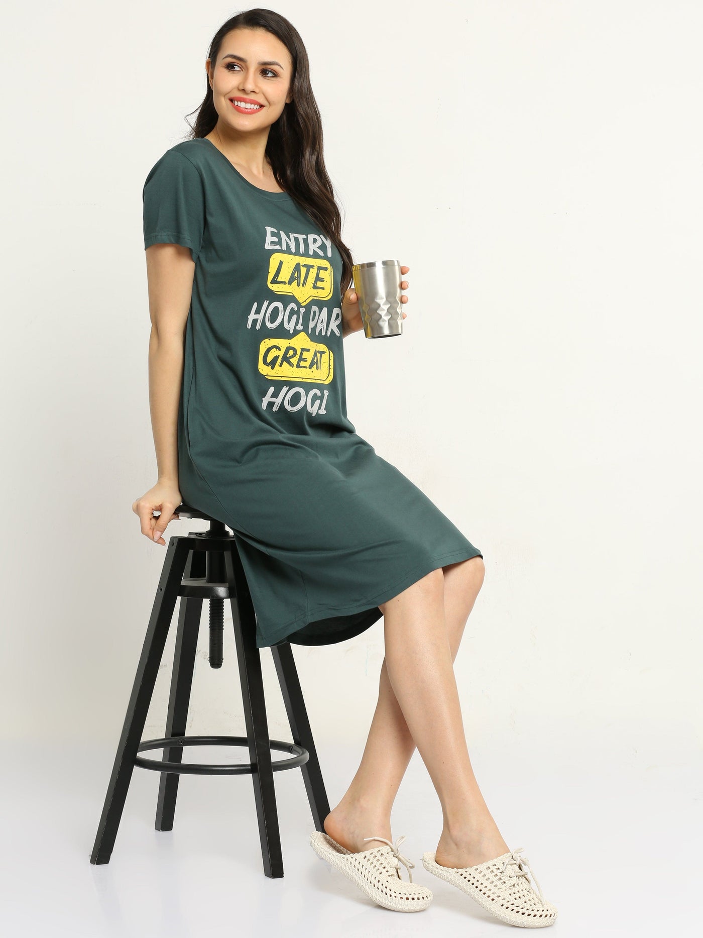 Hosiery Cotton Short Nighty Bottle Green