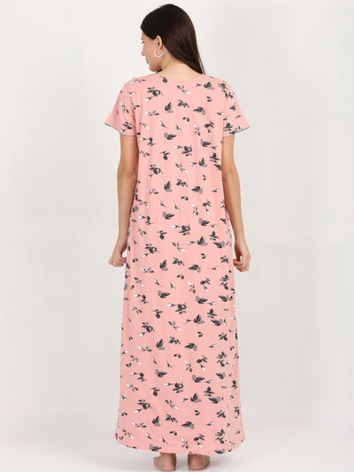 Flower Pink Cotton Blend Designer Nighty