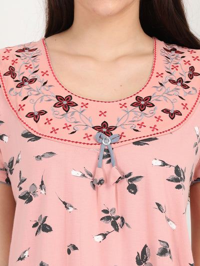 Flower Pink Cotton Blend Designer Nighty