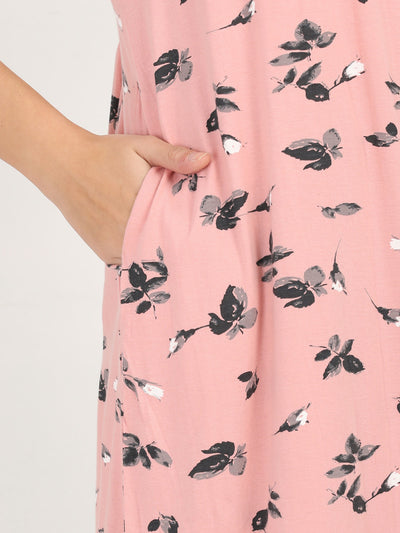 Flower Pink Cotton Blend Designer Nighty
