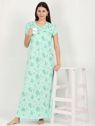 Sea Green Cotton Blend Designer Nighty