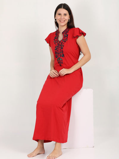 Red Cotton Blend Designer Nighty 