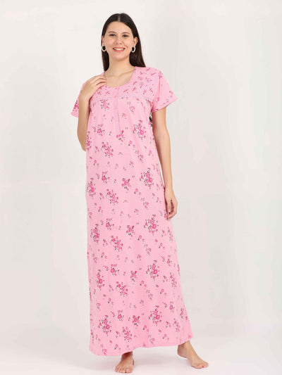 Pink Cotton Blend Designer Nighty 