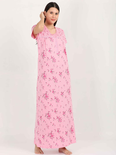 Pink Cotton Blend Designer Nighty 