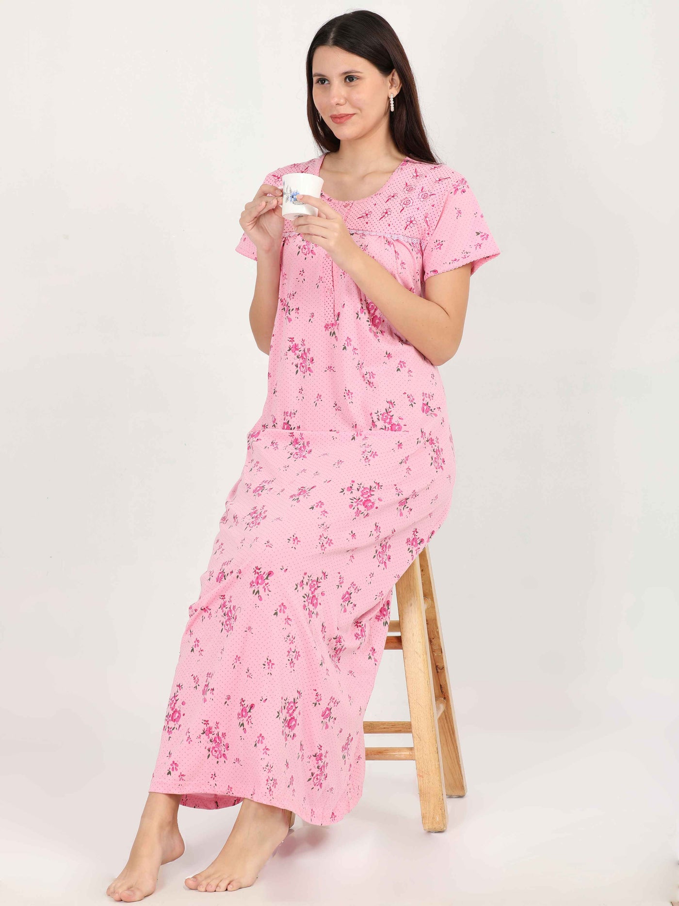 Pink Cotton Blend Designer Nighty 