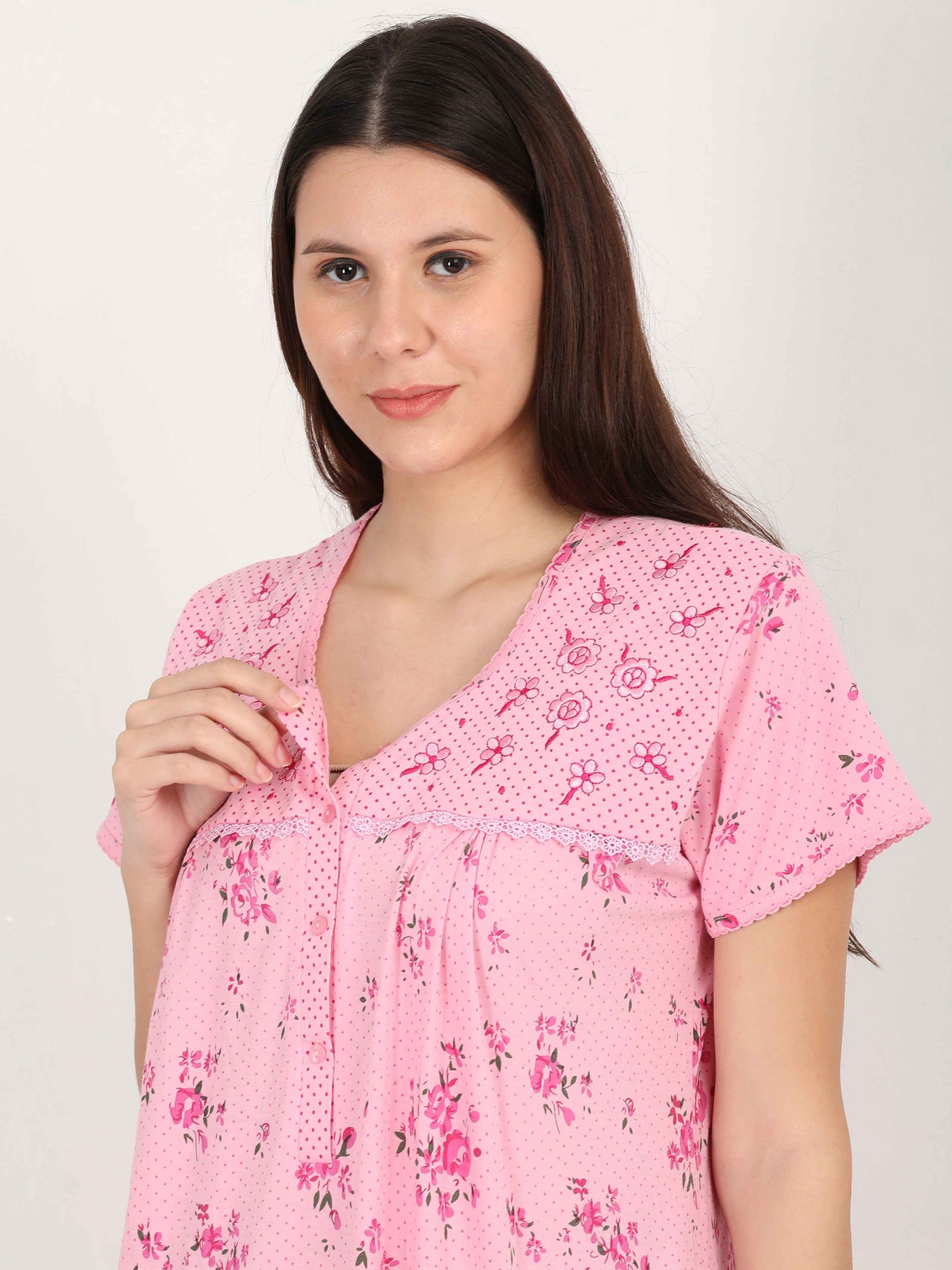 Pink Cotton Blend Designer Nighty 