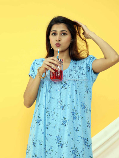 Blue Cotton Blend Designer Nighty