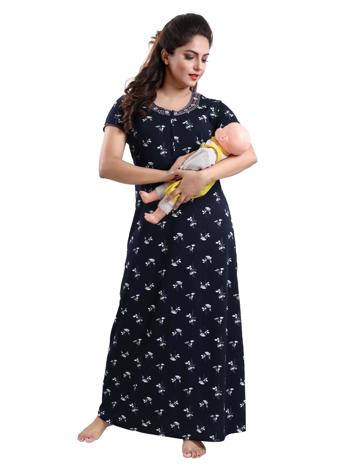 Hosiery Cotton Maternity Feeding Nighty Black & Silver