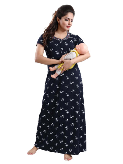 Hosiery Cotton Maternity Feeding Nighty Black & Silver