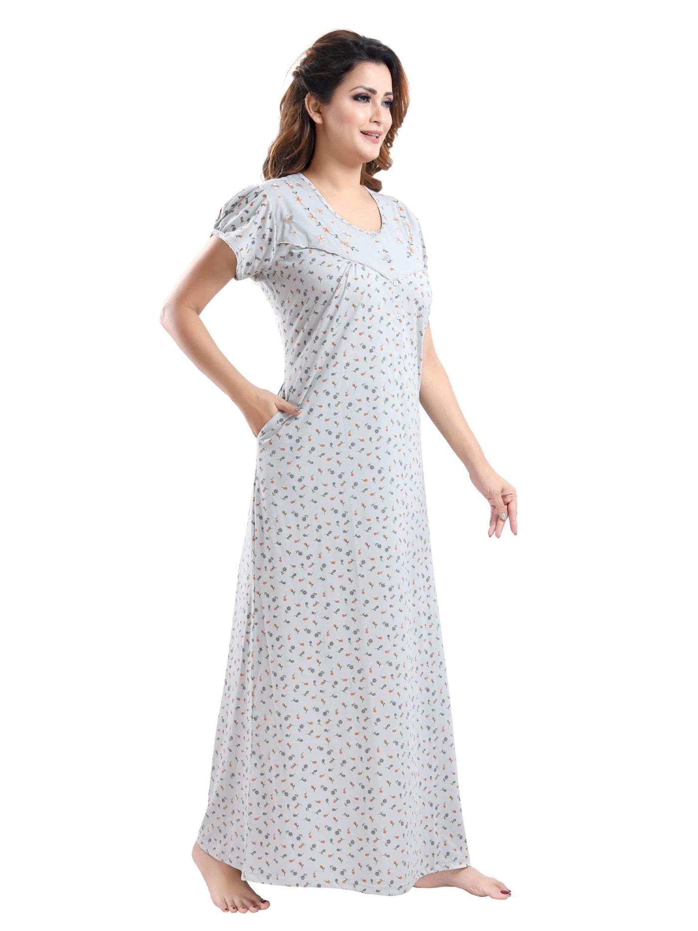 Ice Grey Cotton Blend Designer Nighty