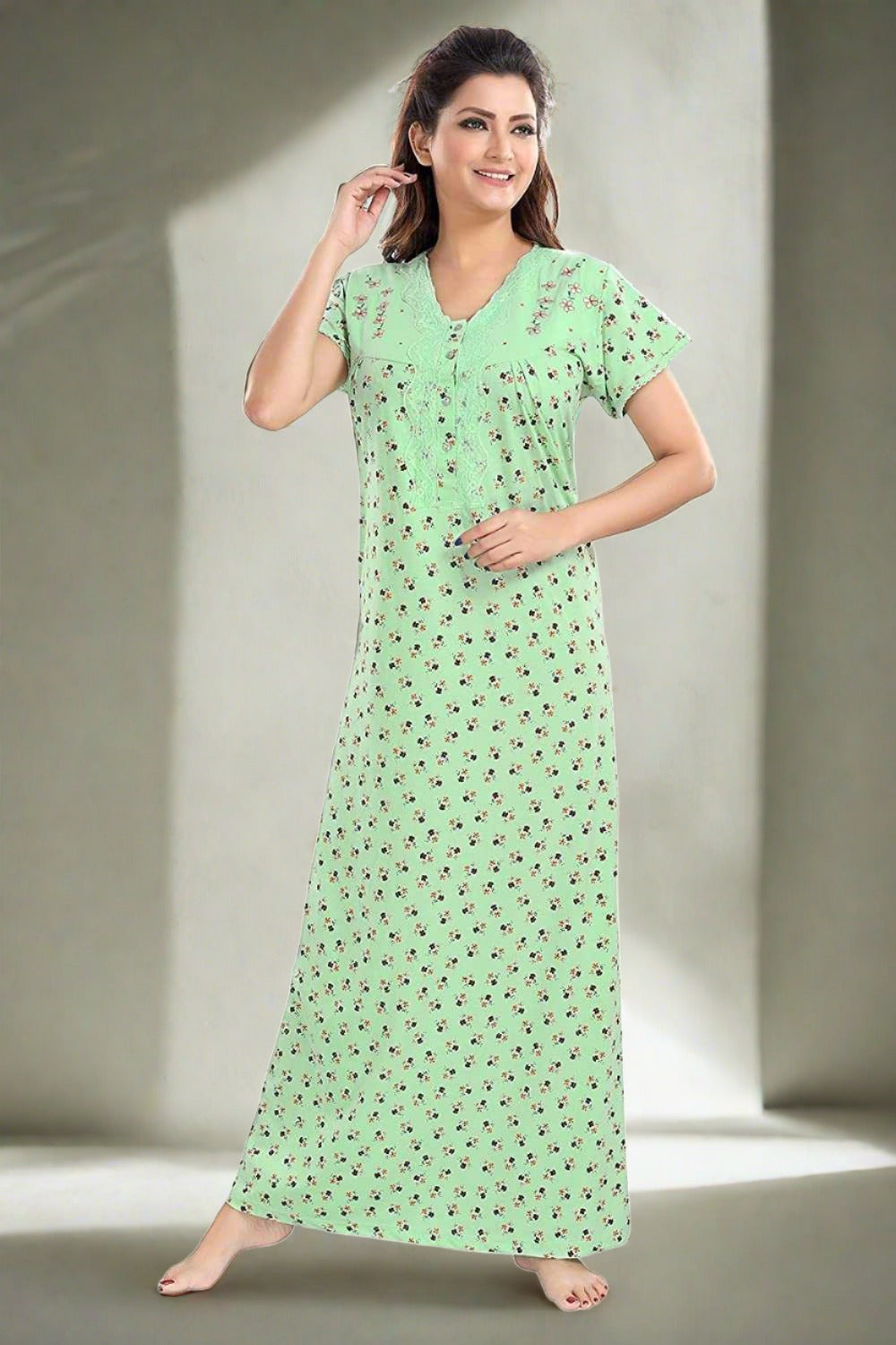 A fair coloured Female Model wearing Green Hosiery Cotton Designer Nighty