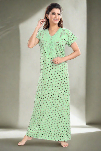 A fair coloured Female Model wearing Green Hosiery Cotton Designer Nighty