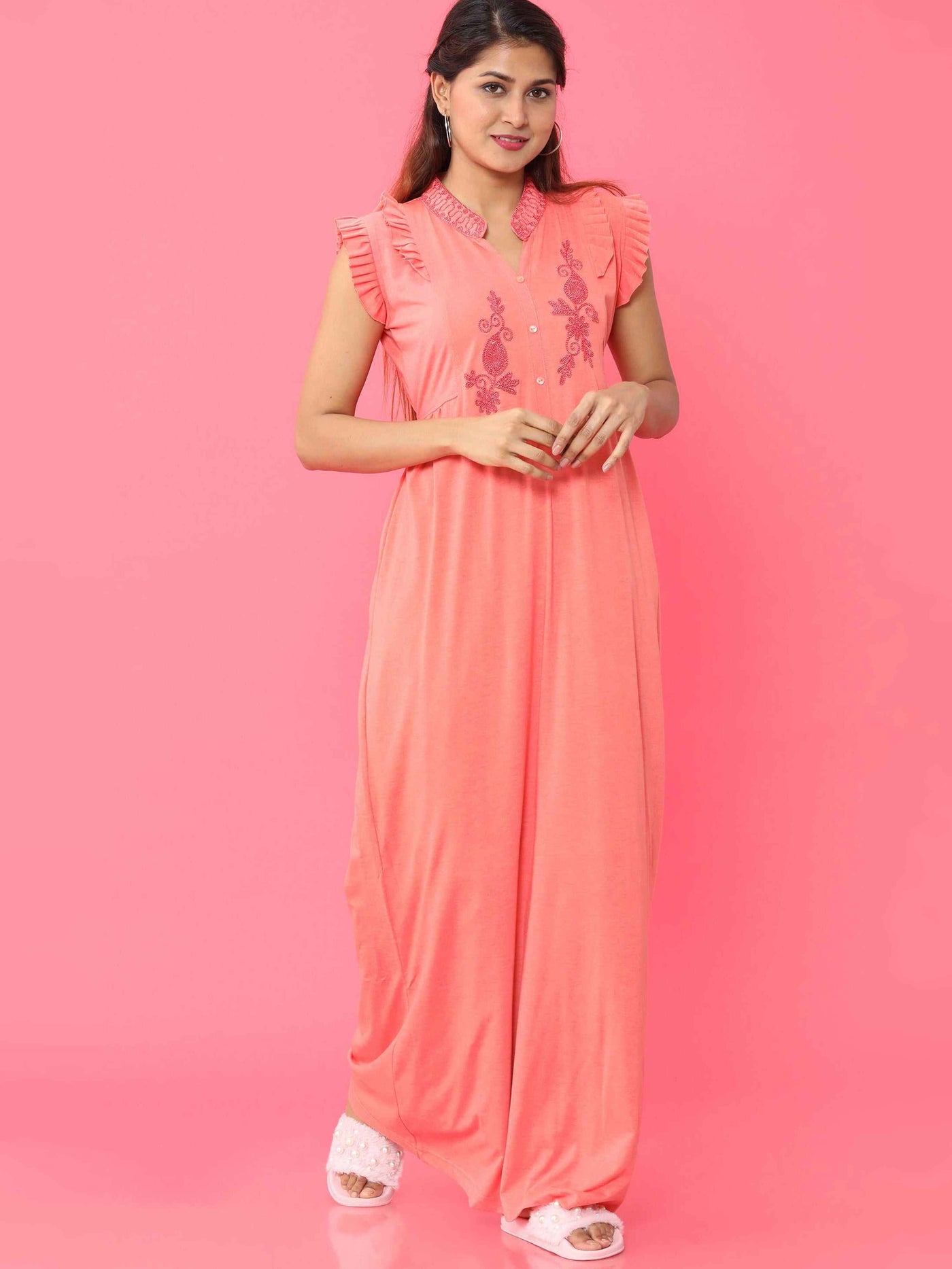 Light Peach Cotton Blend Designer Nighty