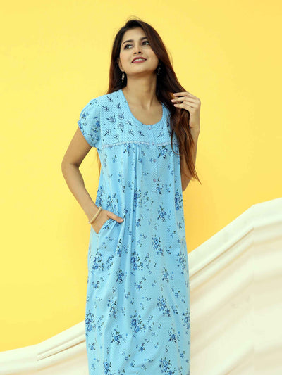 Blue Cotton Blend Designer Nighty
