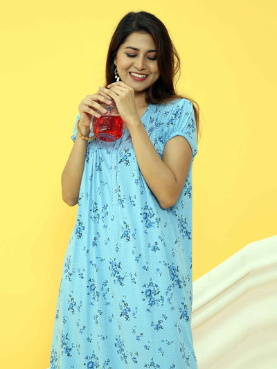Blue Cotton Blend Designer Nighty