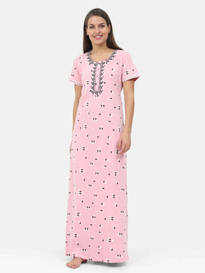Pink Cotton Blend Designer Nighty 