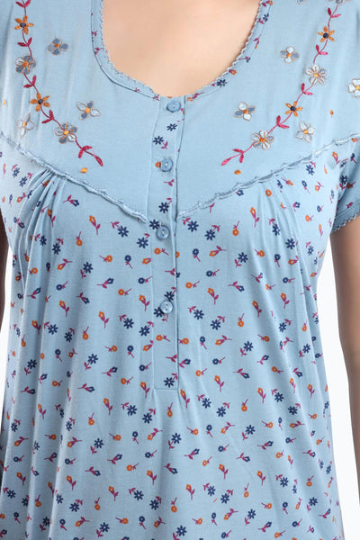 Steel Blue Cotton Blend Designer Nighty