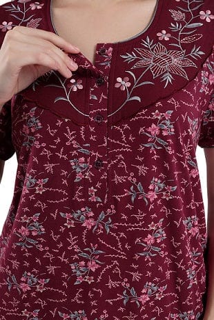 Hosiery Cotton Maternity Feeding Nighty  Maroon