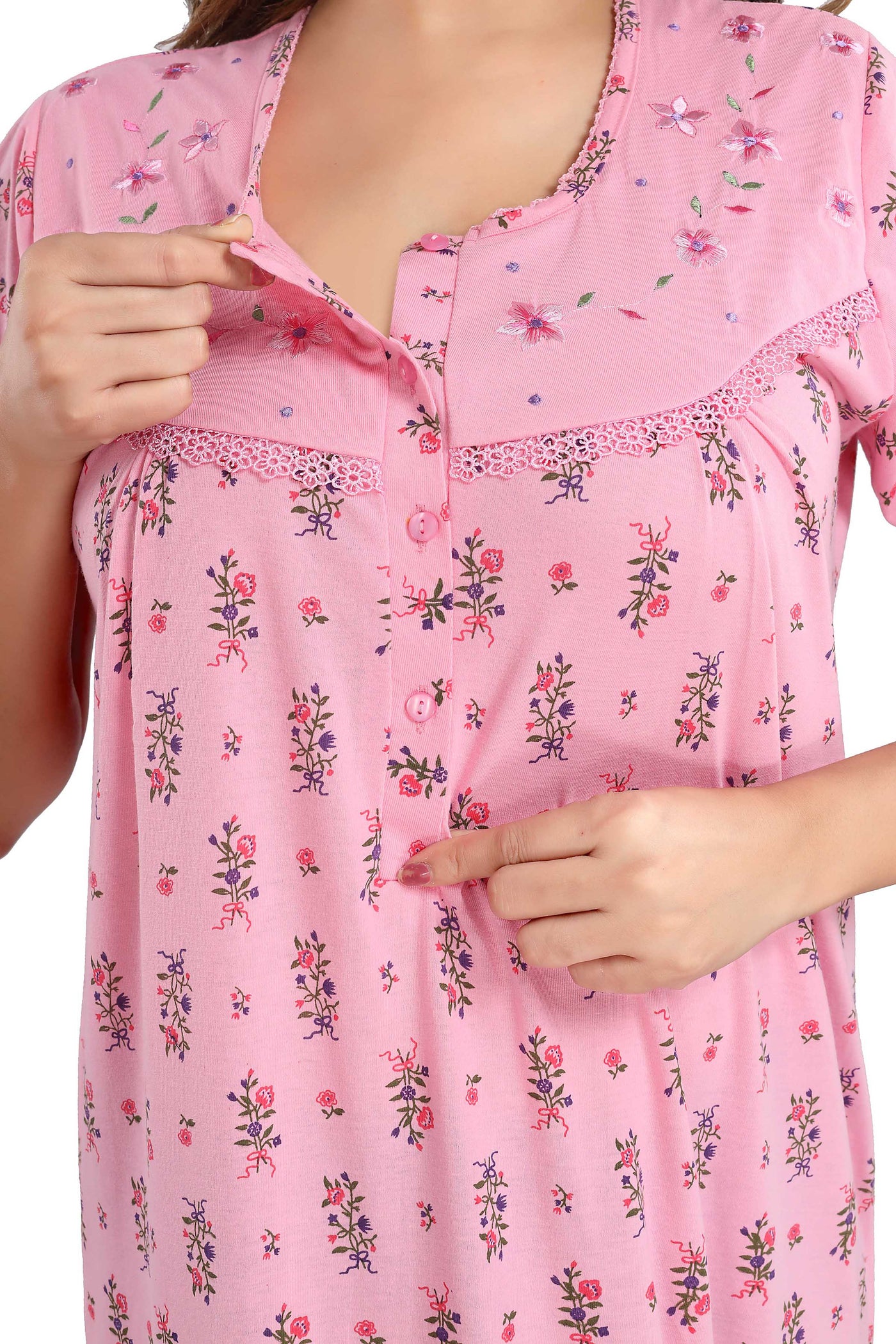 Pink Cotton Blend Designer Nighty